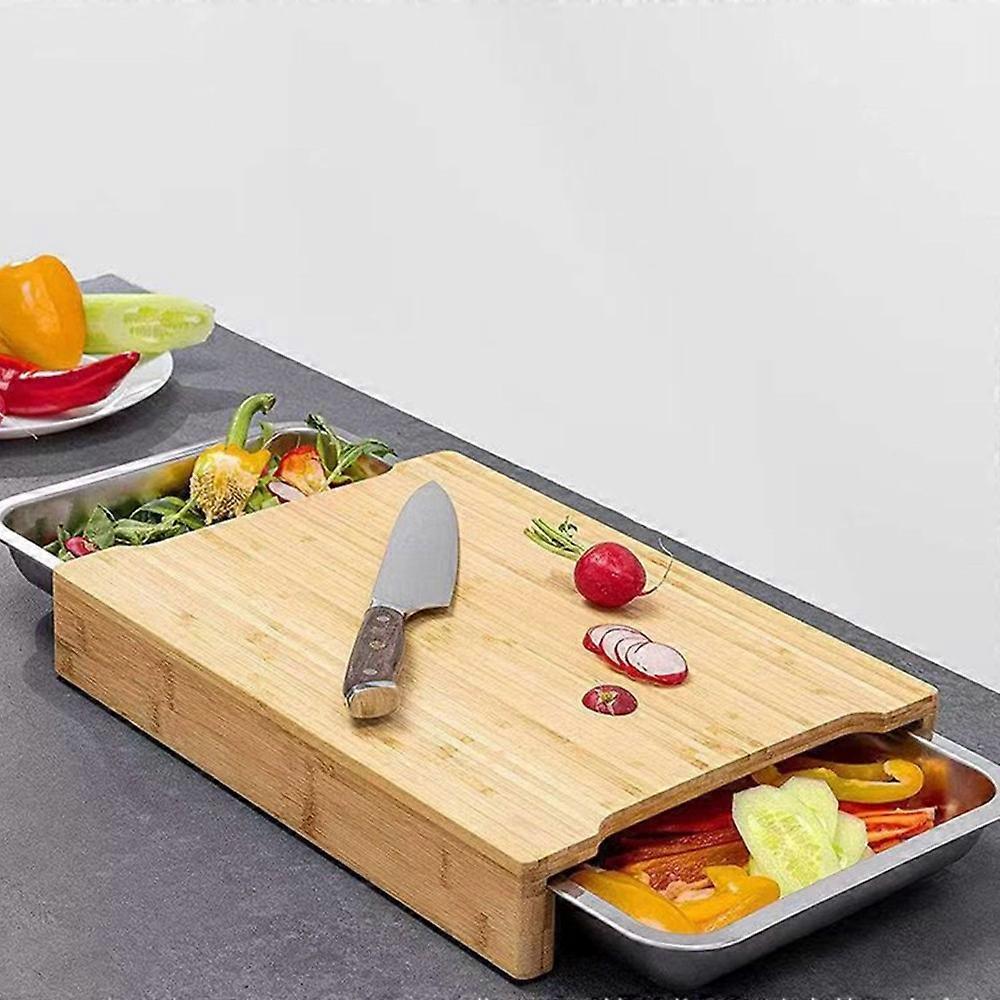 Wood Cutting Board with Slide Out Trays, Solid Butcher Block with Multi-Function Drawers