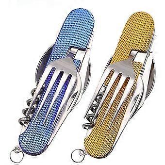 Folding Camping Cutlery Set Stainless Steel Portable Utensil 6 in 1 Multitool Outdoor Survival Travel Hiking Cutlery Kit Detachable Tableware 2pc, Blu