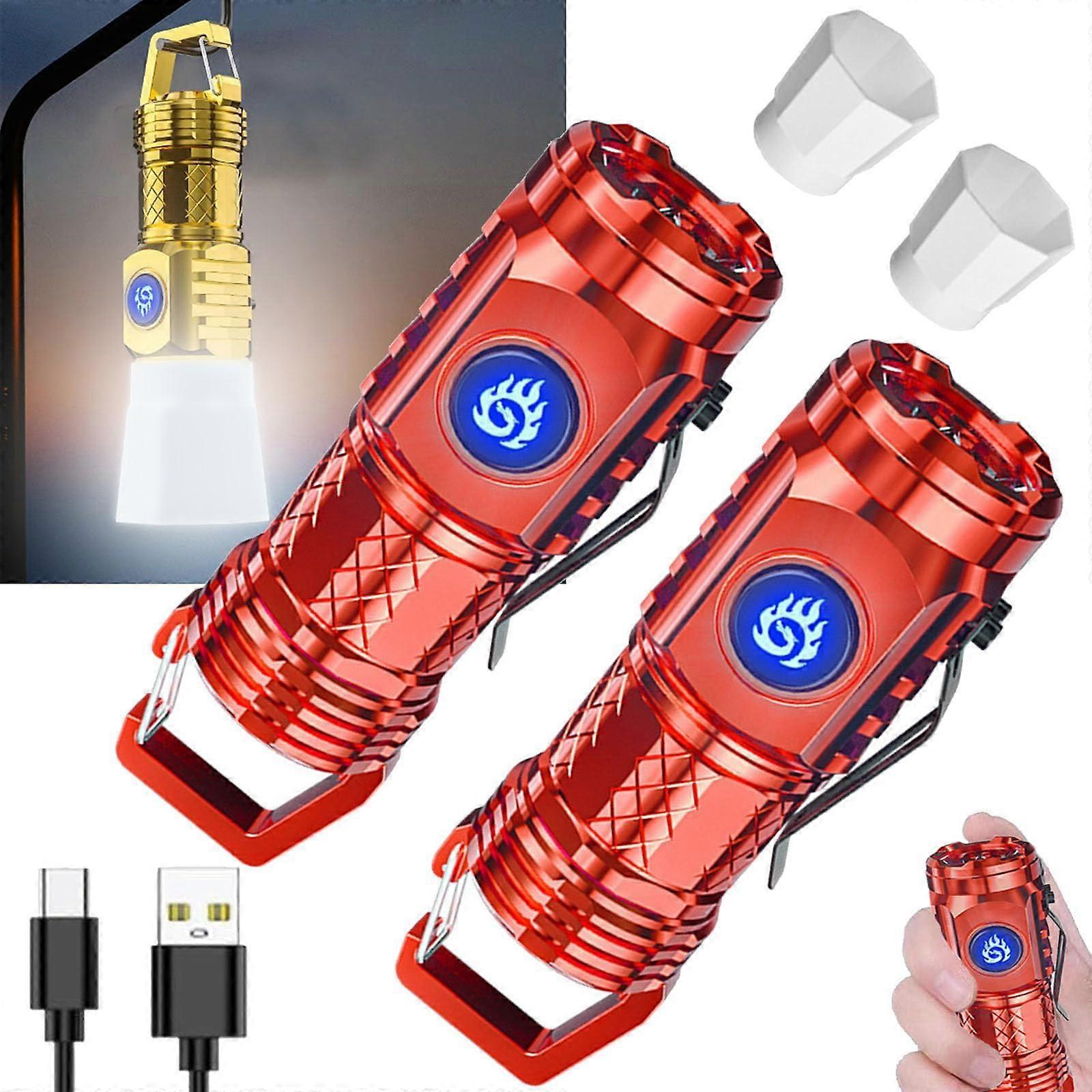 USB C Rechargeable Keychain Flashlight,  Lumens Mini EDC Light, Waterproof, 2 Pack Red
