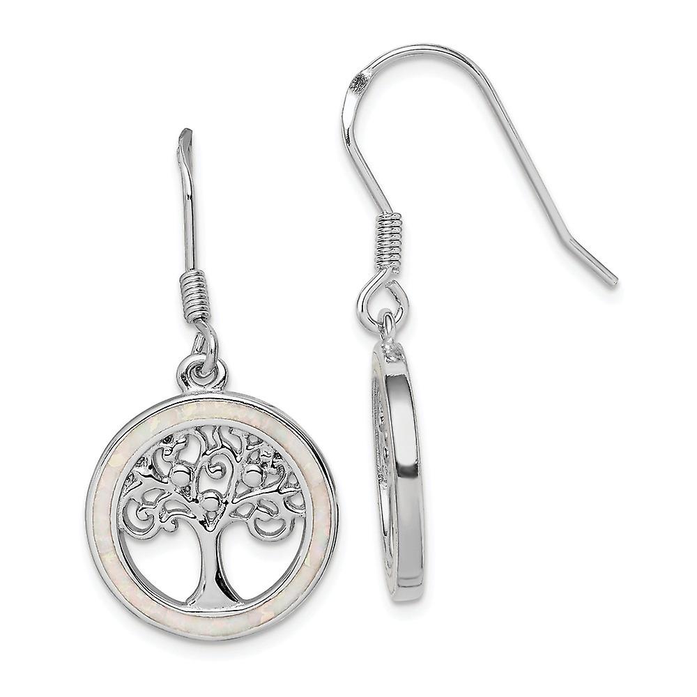 925 Sterling Silver Rhodium Plated Simulated Opal Circle With Tree Long Drop Dangle Earrings 37.25x17mm-Dangle Earring f