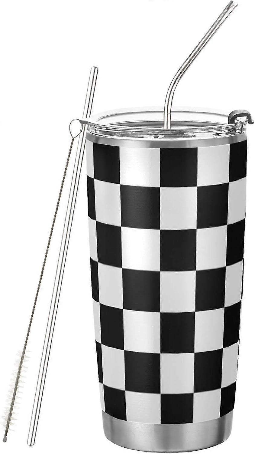 20オンス市松模様の旗レーシングタンブラーカップ、蓋と麦わらの黒と白の格子縞のステンレス鋼真空断熱二重壁トラベルコーヒーマグキープ博士