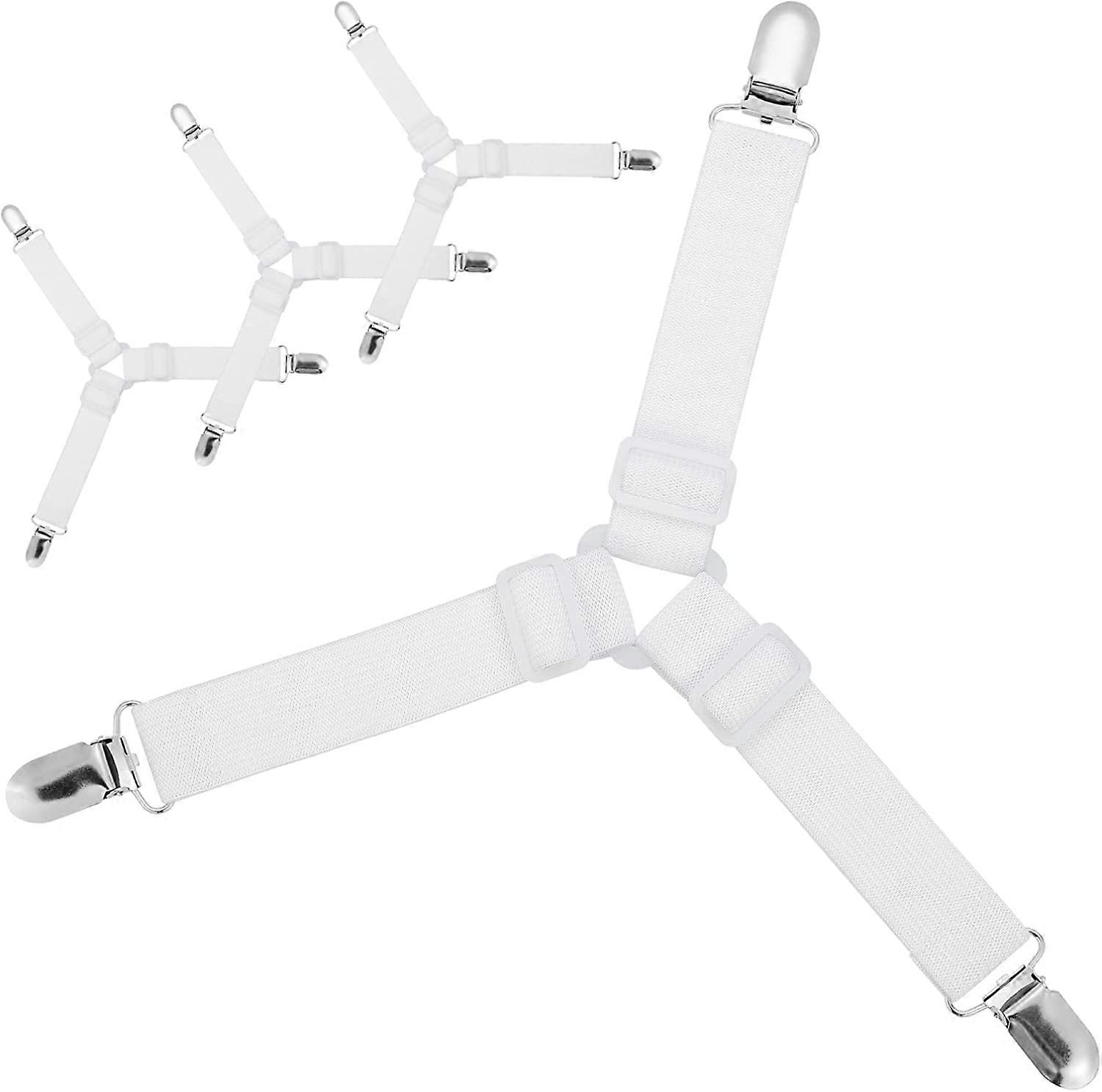 Set of 4 Adjustable Bed Tie Downs with Elastic Straps and Metal Duckbill Clips (White Triangle, 4)
