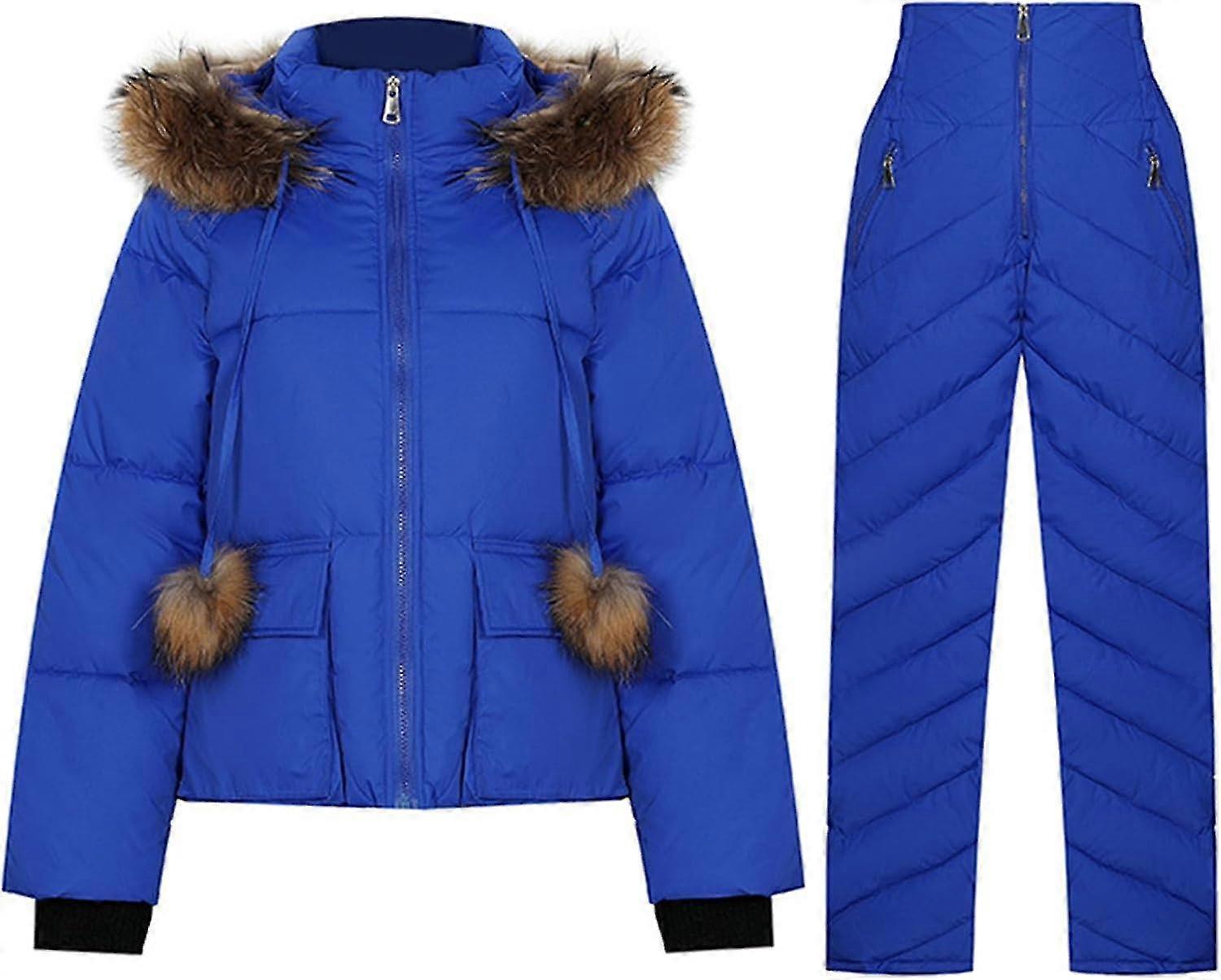 בגדי ריקוד נשים תלבושות 2 חלקים 2024 פרווה מלאכותית מעיל חורף עם קפוצ'ון מעיל נפוח מעובה פרקה ומכנסיים למטה סקי חם חליפות שלג