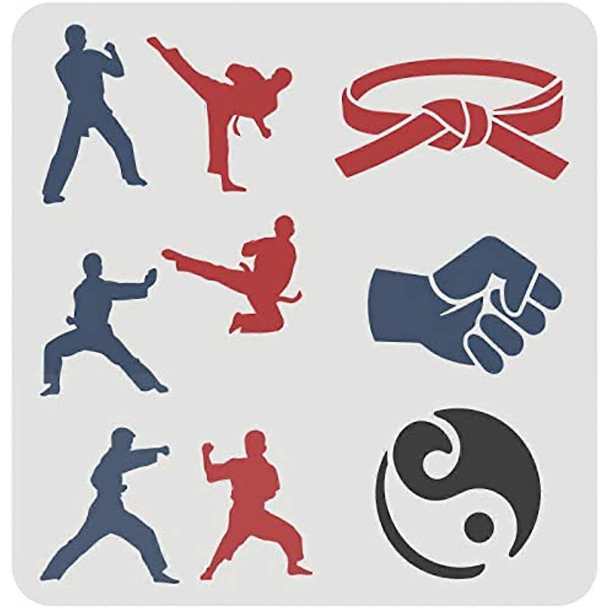 Martial Arts Stencils 11.8x11.8 inch Karate Stencil Plastic Tai Chi Diagram Fist Belt Pattern Stencils Reusable Martial Arts Theme Stencils DIY Stenci