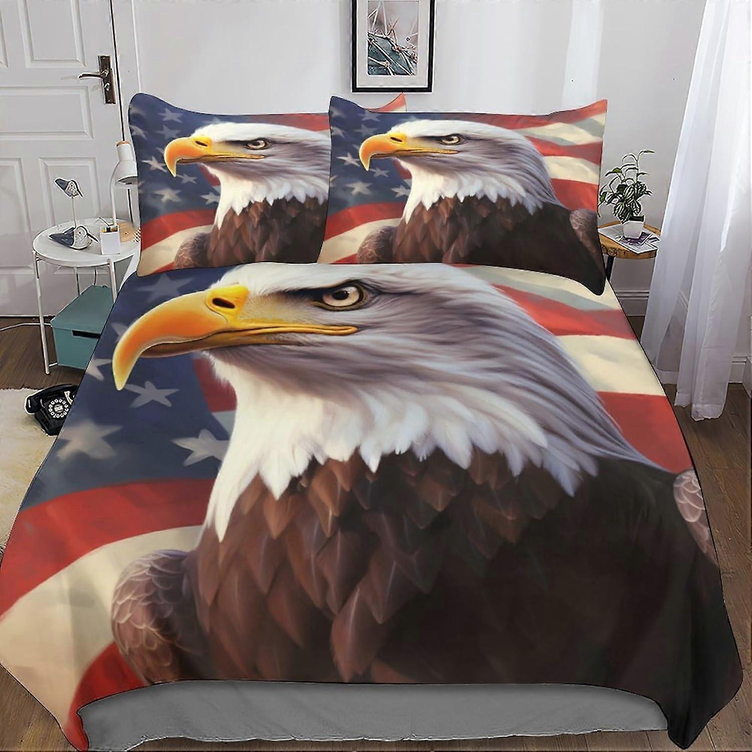 Eagle 3D Bedding Set, 3 Pcs USA Bedding Set Microfiber Duvet Cover & Pillowcases with Zipper Closure for Single or Double Bed