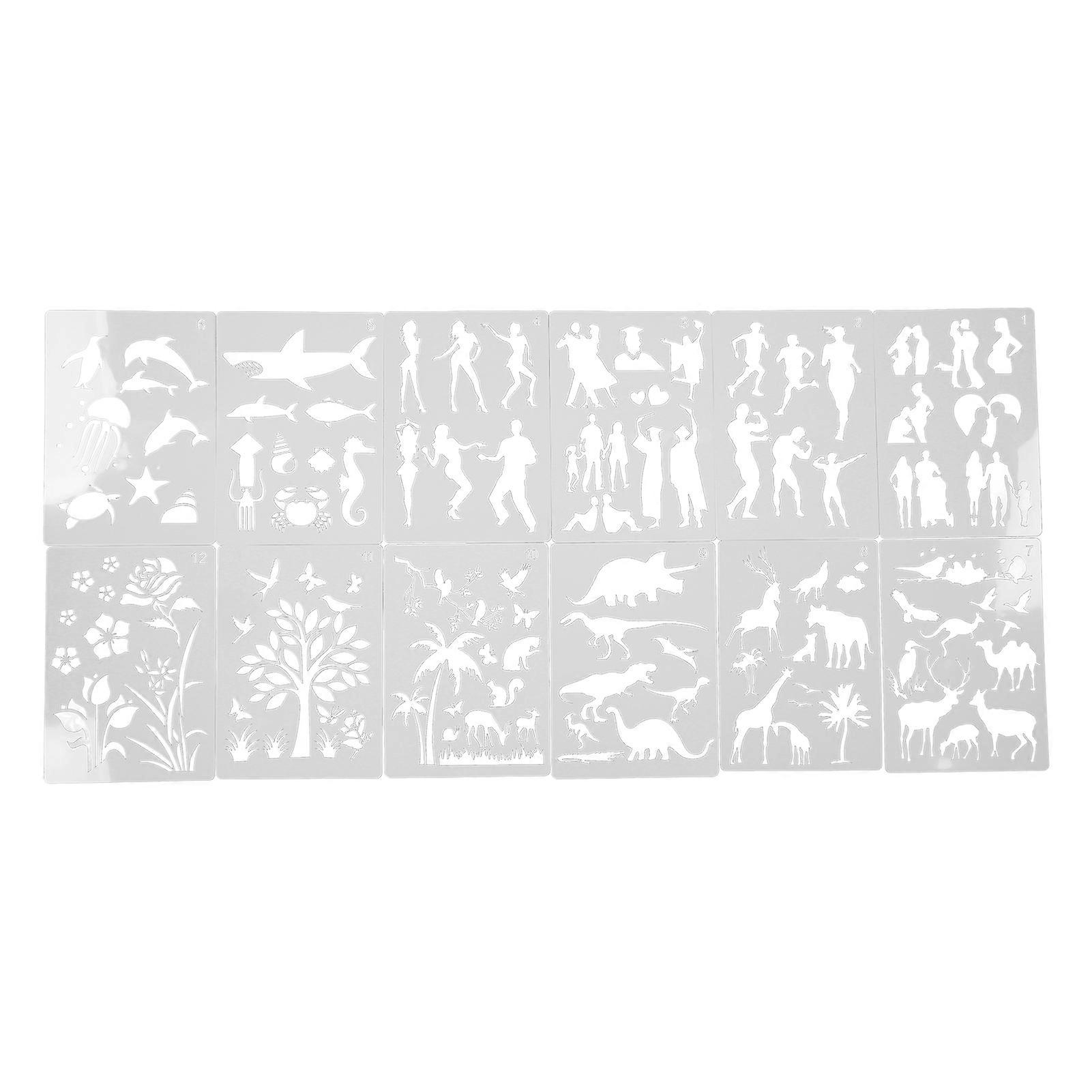 12Pcs Paint Stencils A4 Characters Animals Plants Safe Poisonless Durable Lightweight Wide Application Art Stencils