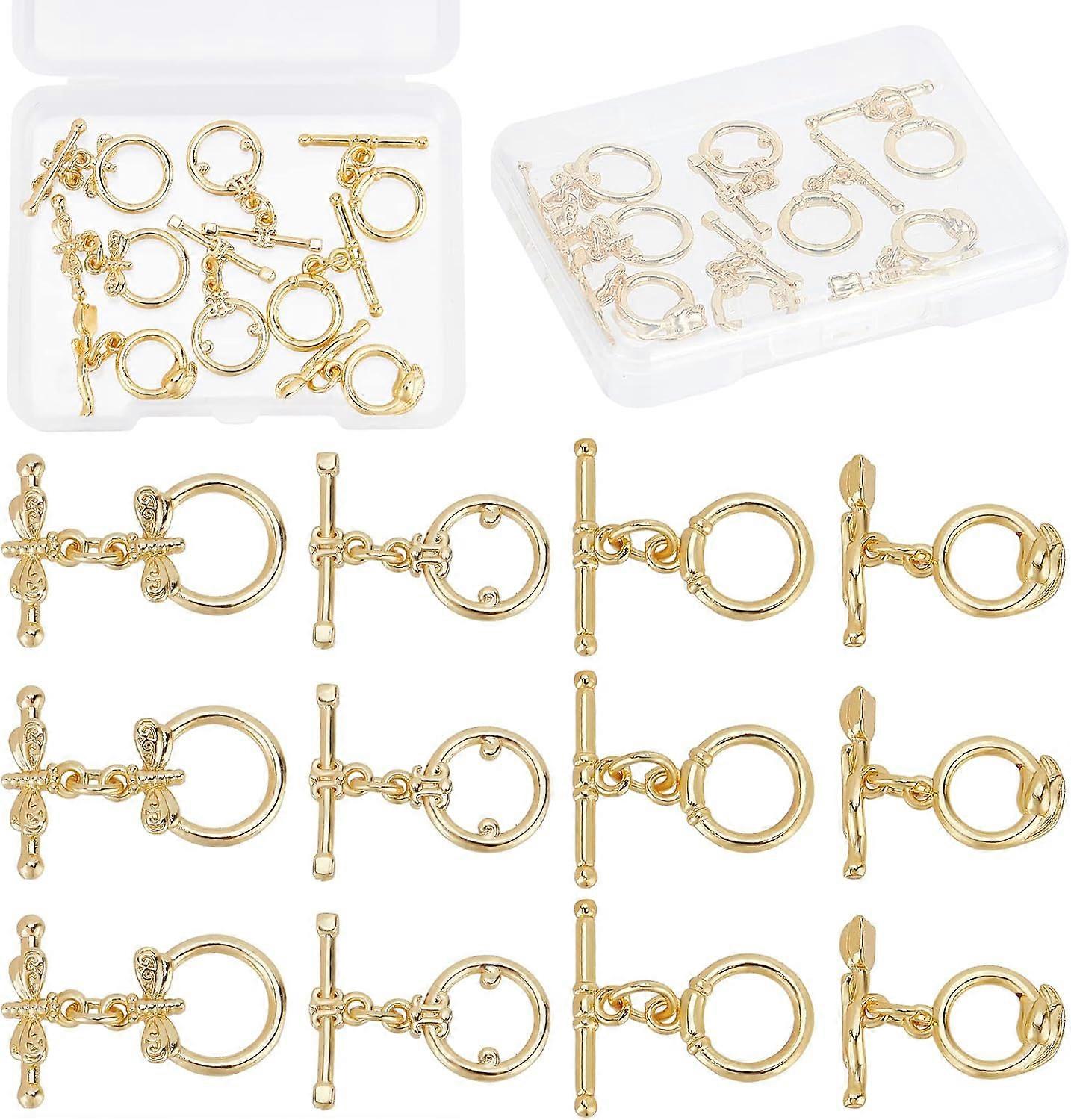 12 Sets 4 Styles 18K Gold Plated Brass Round Toggle Clasps T Bar OT End Fasteners Jump Rings Connectors for DIY Bracelet Necklace Jewellery Making Cra