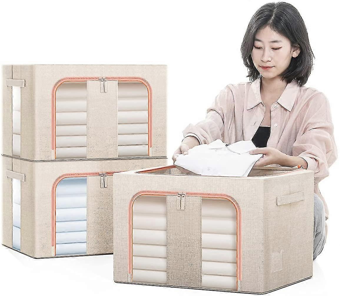 Set Of 3 Storage Box Fabric Storage Box With Lid, Folding Box Fabric Box Storage, 66 Liters
