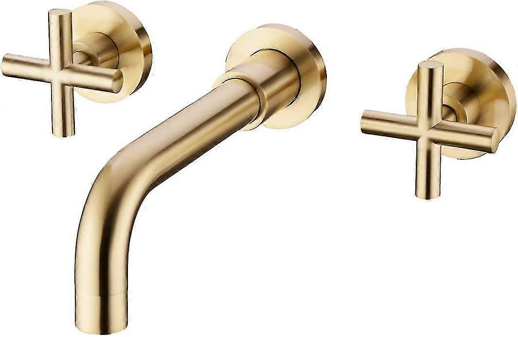 Brushed Gold Basin Mixer Tap, Wall Mounted, 2 Handles, Brass Bathroom Faucet
