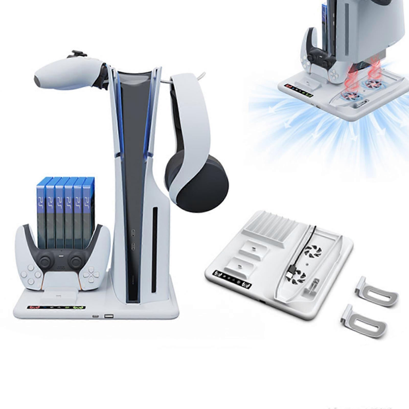 Vertical Cooling Stand for PS5 Slim Console, Multi Organiser with Dual Controller Charging Station&2 Hooks for PS5 Controller & Headset