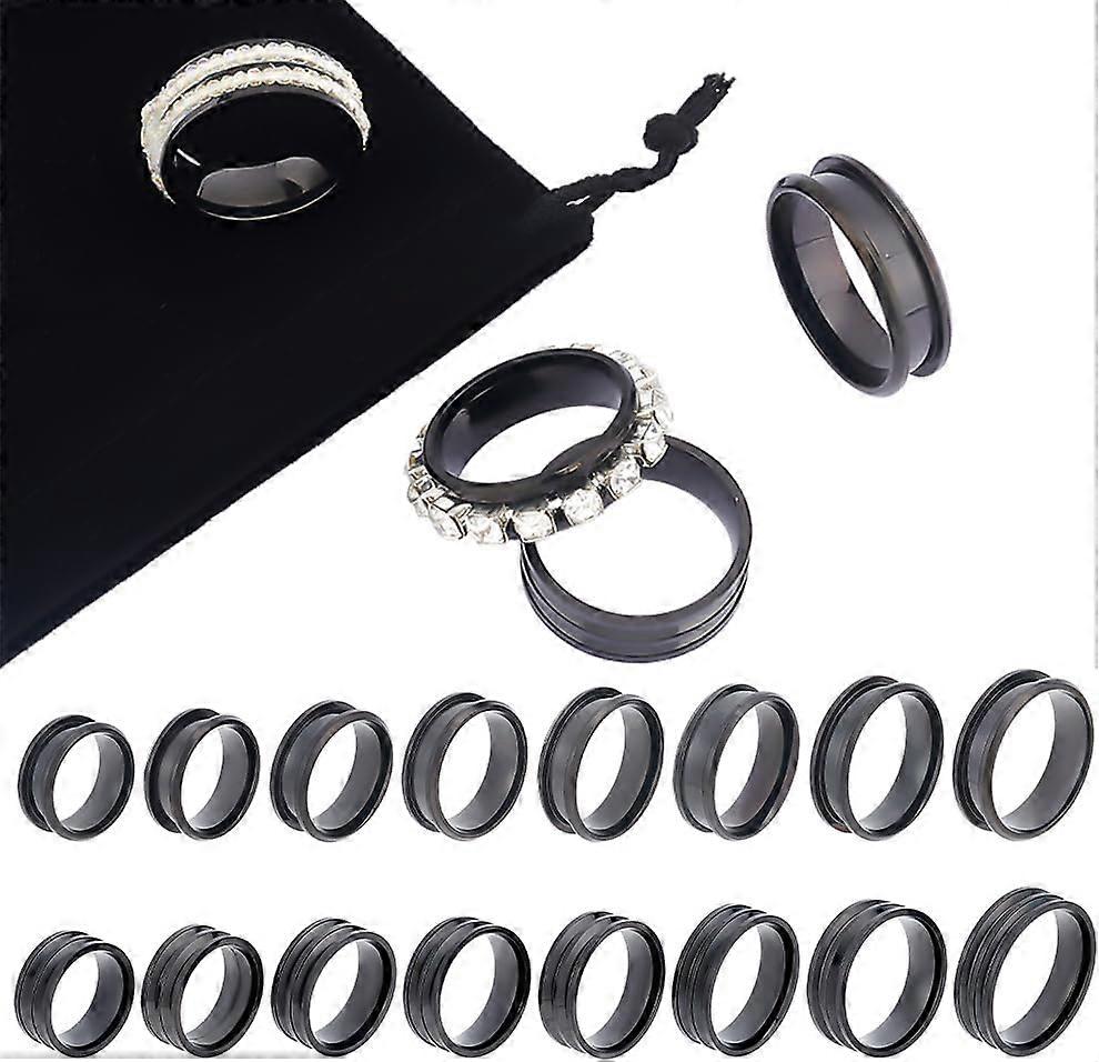 16pcs 2 Styles Blank Core Ring 8 Sizes Black Stainless Steel Single and Double Grooved Ring with Velvet Pouches Round Blank Ring for Inlay Ring Jewelr