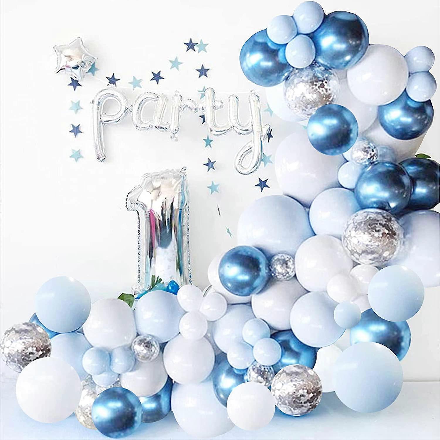 Blue Balloon Garland Arch Kit, Metallic Blue White and Silver Confetti Latex Balloons for Baby Shower Birthday Wedding Graduation Anniversary Frozen W