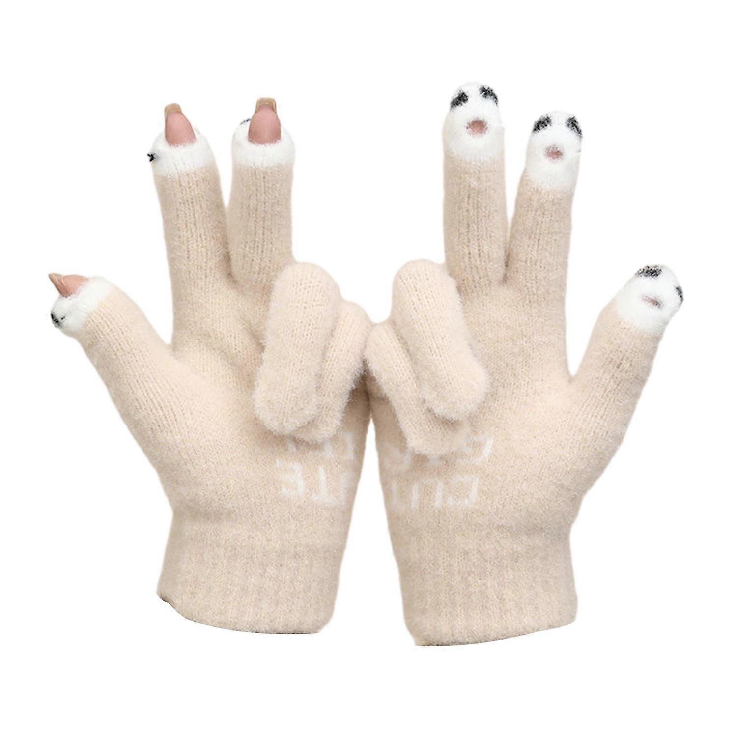 1 Pair Warm Plush Gloves Cutout Finger Tips Thick Plush Funny Cartoon Face Knitted Soft Elastic