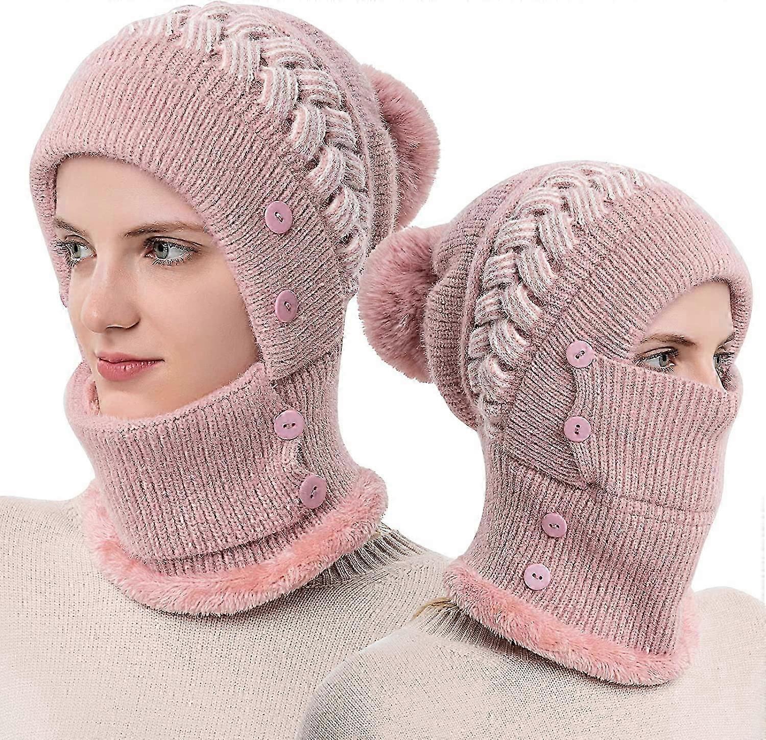 مجموعات نسائية دافئة من الشتاء قبعة للرقبة ، قبعة صغيرة مبطنة بطبقة مزدوجة من الصوف ، وردي