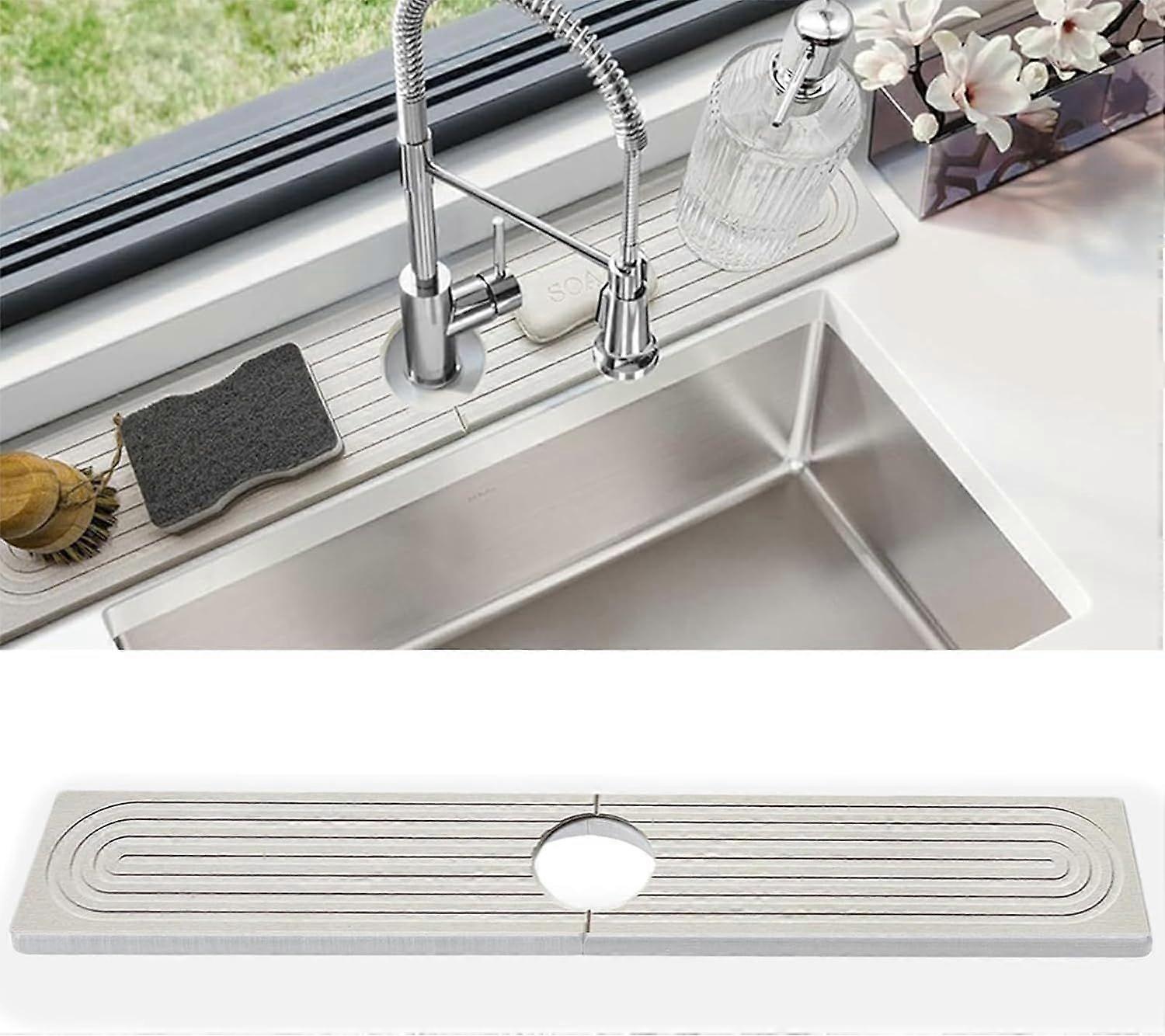 Quick Dry Sink Splash Guard, Instant Dry Stone Sink Tray around Faucet, Extended 23.6" Faucet Mat for Kitchen Sink, Diatomaceous Earth Sink Faucet Mat