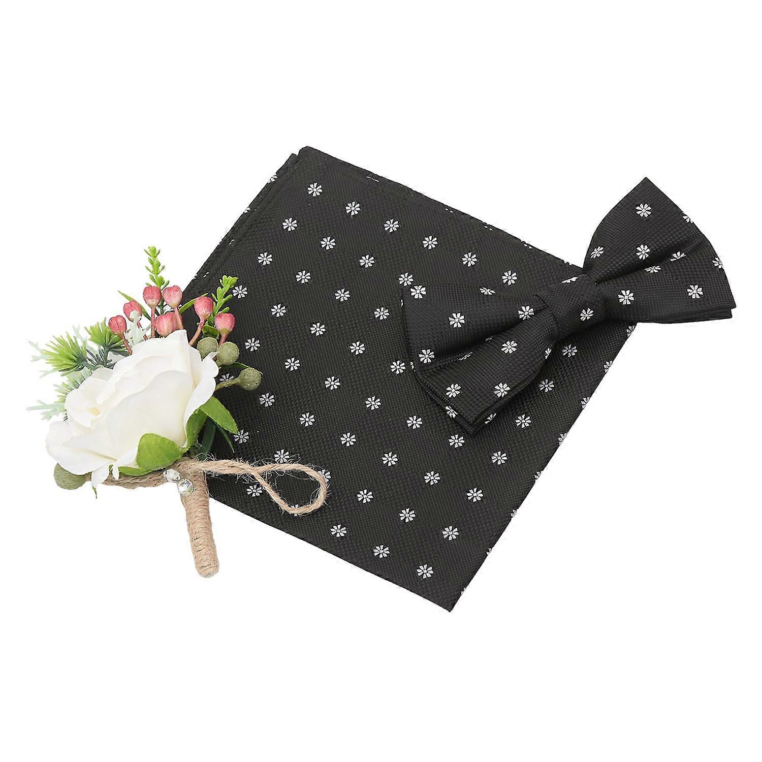 Black Floral Daisy Bow Tie and Pocket Square Set