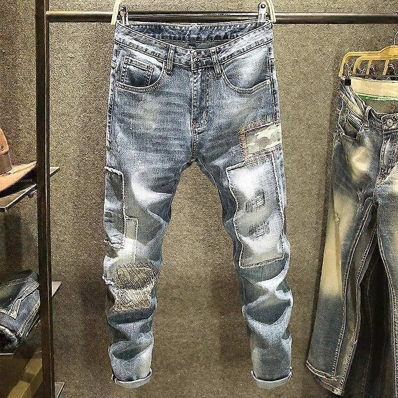 Summer light-coloured broken hole nine-minute jeans male youth Slim elastic small leg trousers irregular tide thin