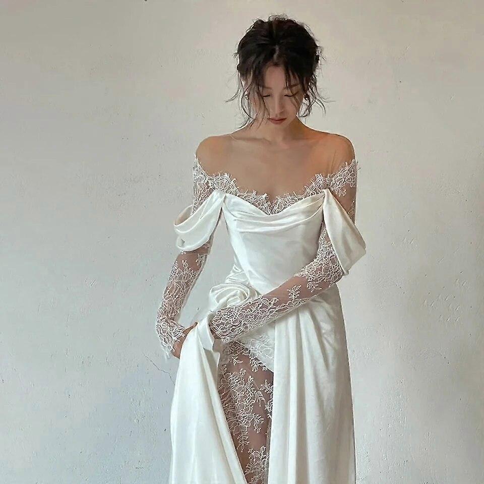 Elegant White O-Neck Lace Long Sleeves Wedding Dresses A-Line Floor Length Sweep Train Side Slit Satin Zipper Bridal Gown