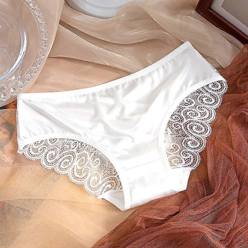 Women Bowknot Mid Waist Satin Panties Solid Color Spaghetti Strap Lace Briefs Hollow Out Seamless