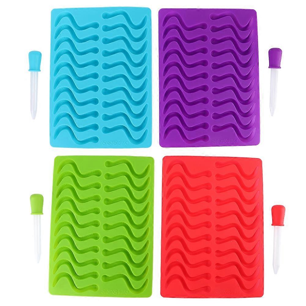 Silicone Earthworm Shape Fondant Candy Mold Set - 4Pcs with Dropper Tool in Red, Blue, Green, Purple for Baking