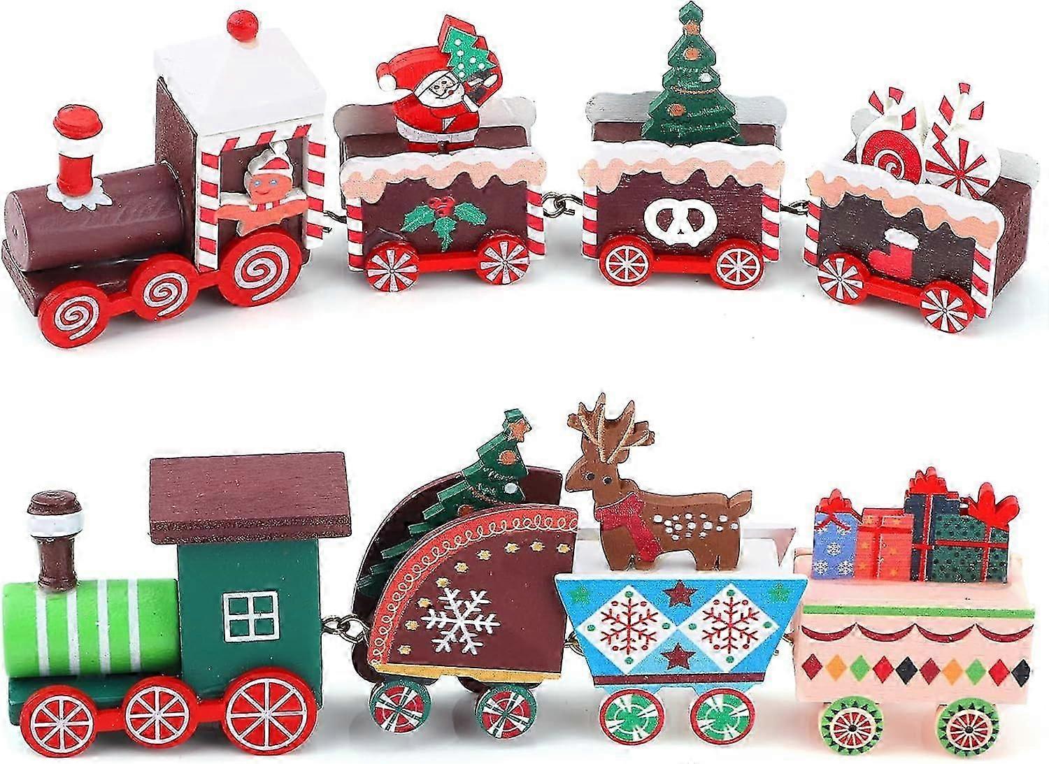 2 stk jul trætog mini træ juletog jul miniature træ ornamenter 8 vogne træ tog legetøj sæt julegaver