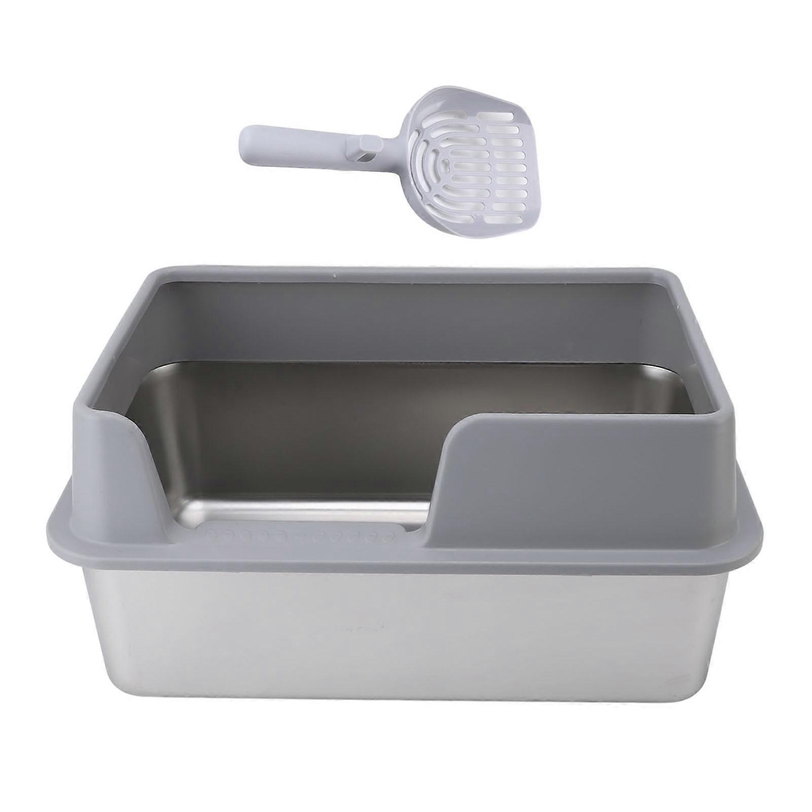 Stainless Steel Litter Box, Anti-Splash, Large Open Top High Sided Litter Box with Scoop, Large, Grey