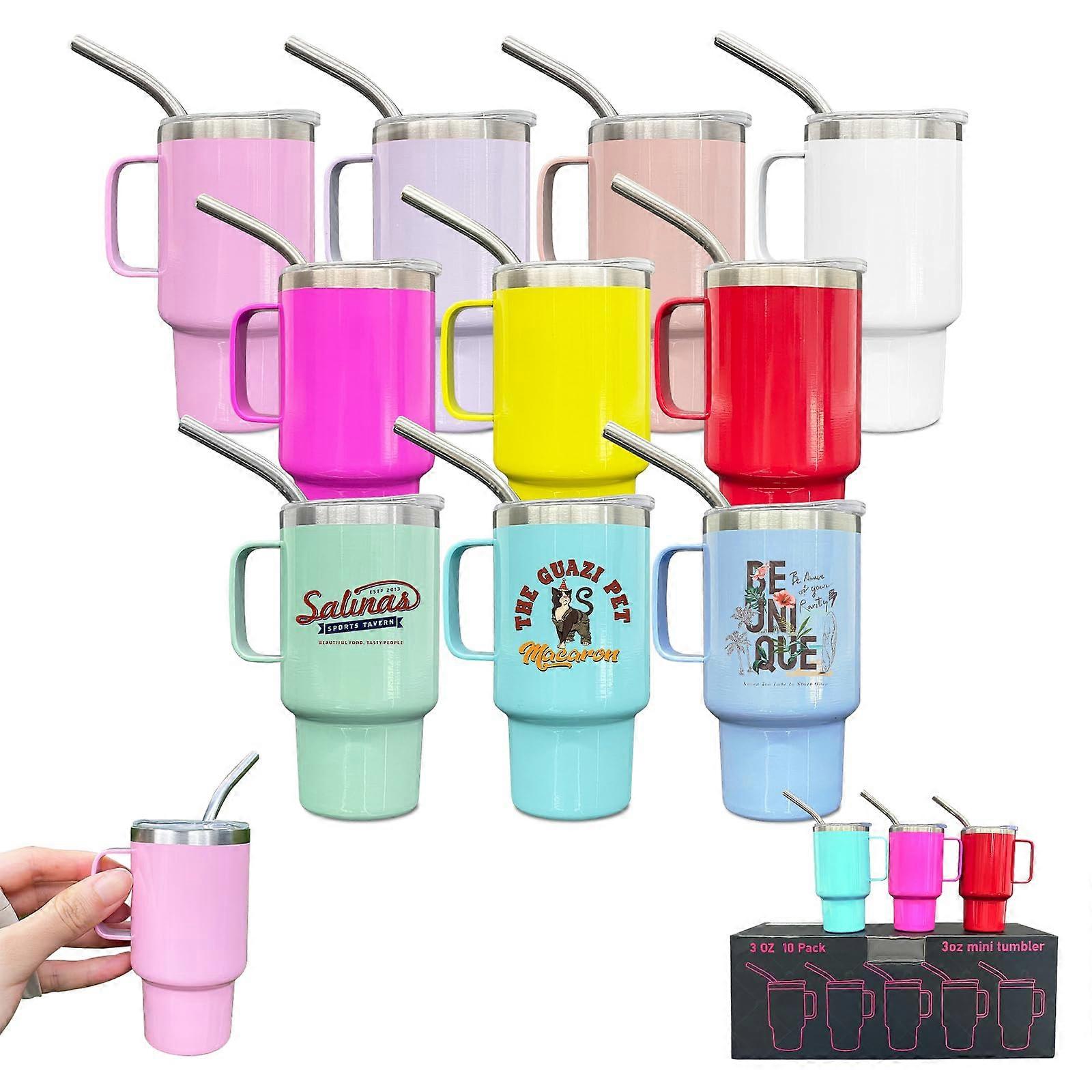 3oz Mini Tumbler Shot Glasses with Straw and Lid, 10 Pack Stainless Steel Handle for Whiskey Cocktail Bar, Color Mix