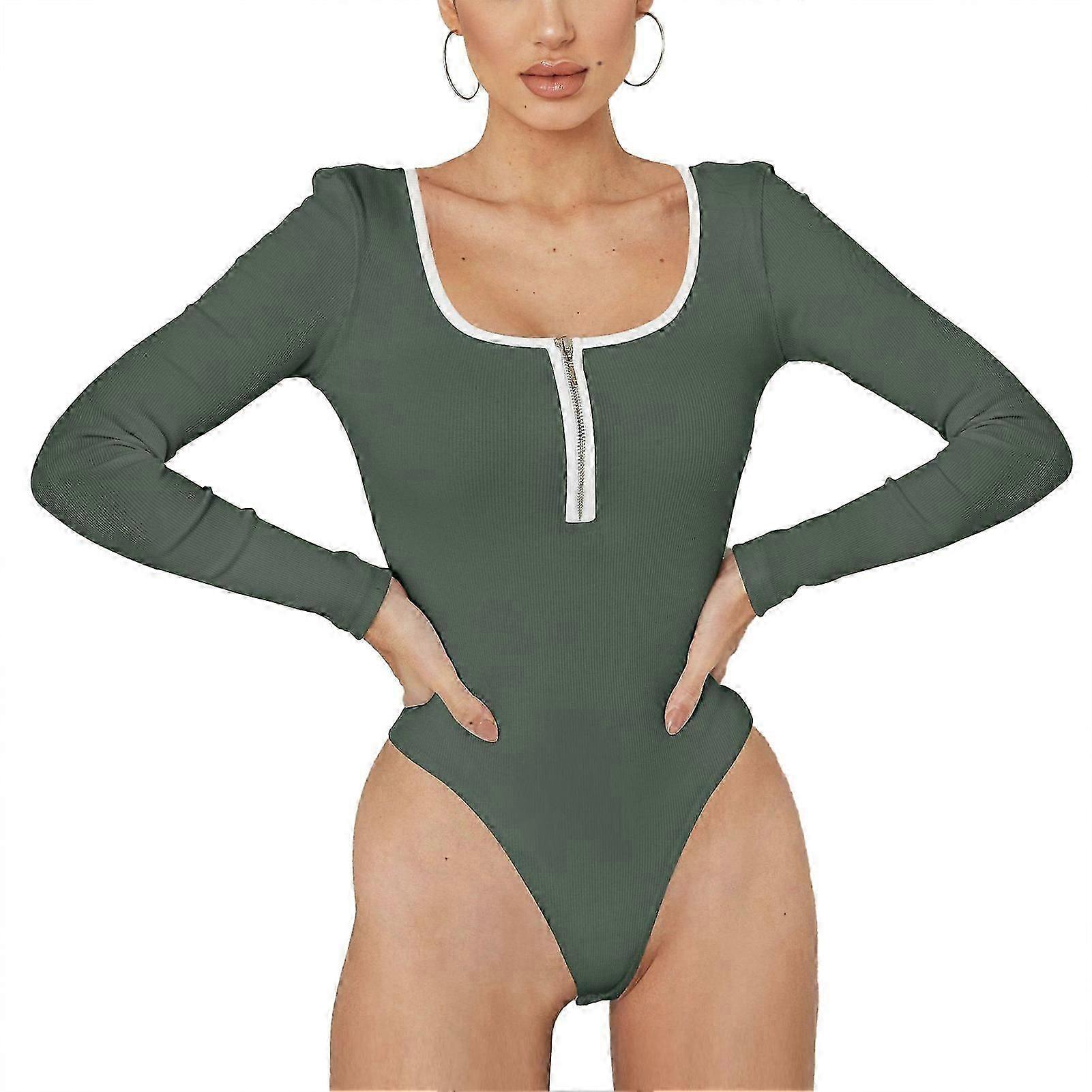 Lady Bodysuit Half Zipper Long Sleeved Slim Fit Fashionable Stitching Rib Bodysuit for Women XL Dark Green