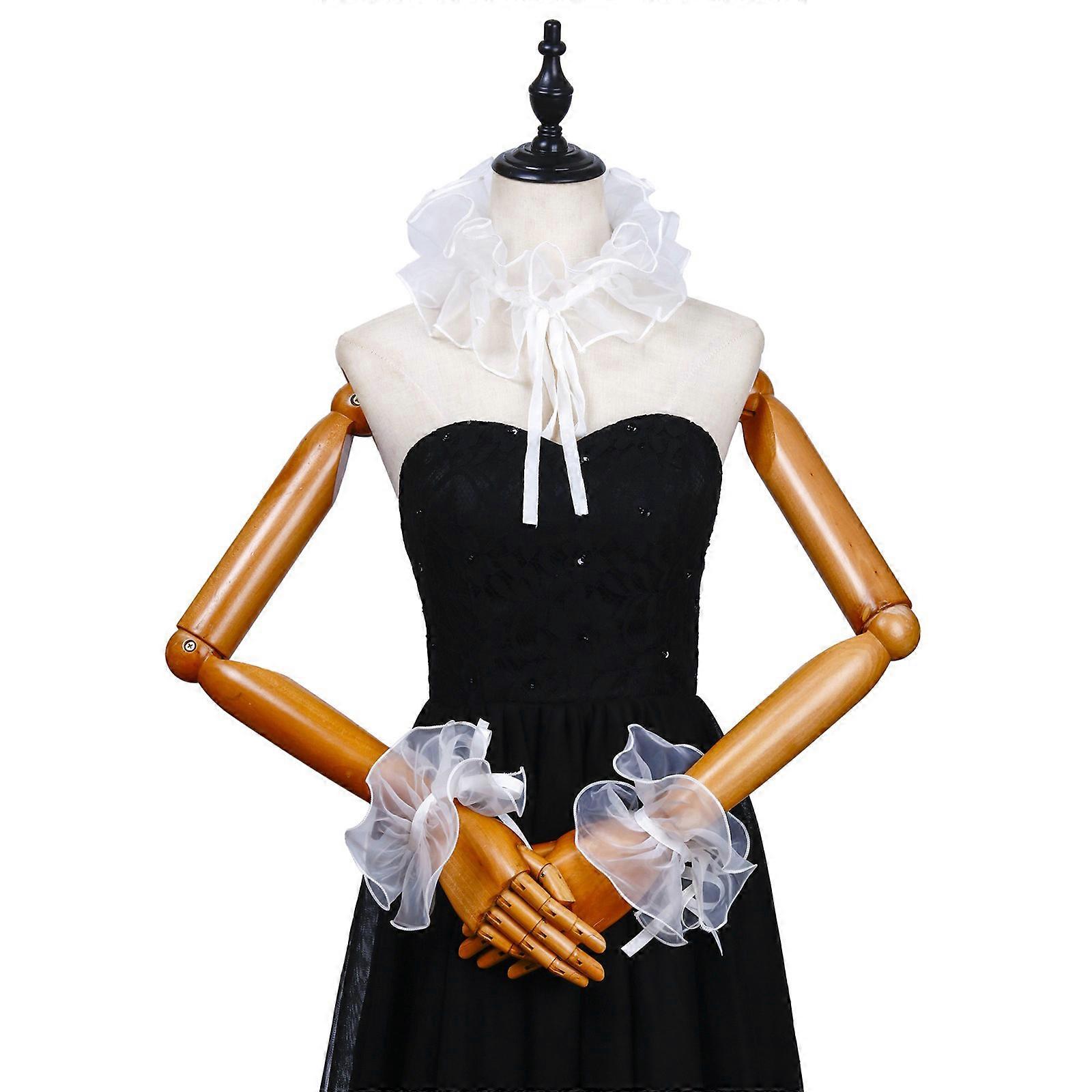 White Elizabethan Ruffle False Collar Choker with Wrist Cuffs Set for Renaissances Fairs and Theatrical Performances