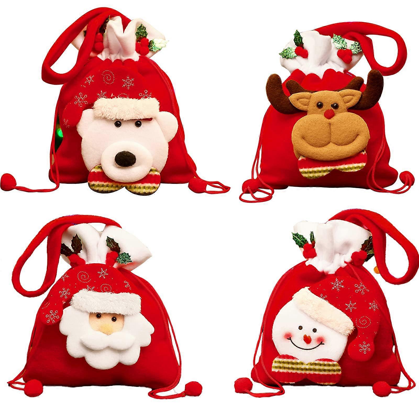 Weihnachten DrawString Geschenktüte 4er Pack Weihnachten 3D Design Stoff Verpackung Geschenktüten Geschenke und Dekorationen Super süßer Schneemann Weihnachtsmann Hirsch