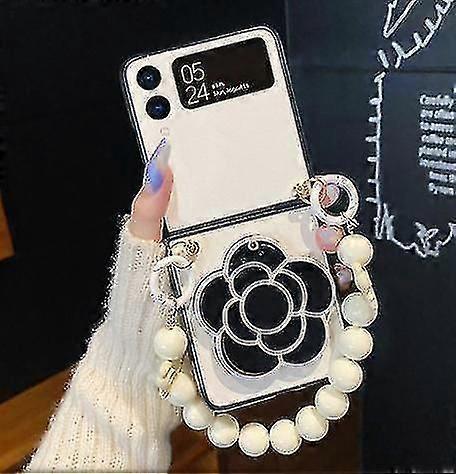 パールブレスレットカメリアケース互換サムスンギャラクシーZフリップ3ミラーストラップ付き女の子の女性用