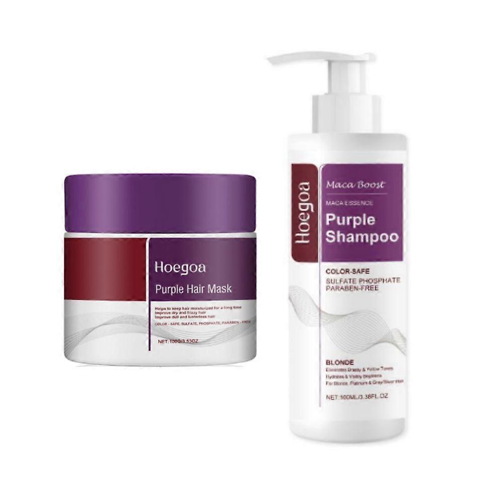 Maca Purple Hair Mask and Purple Shampoo Set,Maca Essence Purple Shampoo,Εξουδετερώνει τον ορείχαλκο &; τους κίτρινους τόνους για ξανθά ασημί γκρι τονισμένα μαλλιά