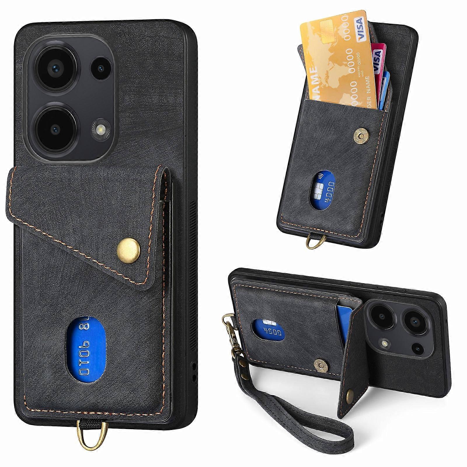 Retro Card Wallet Fold Leather Phone Case with Strap