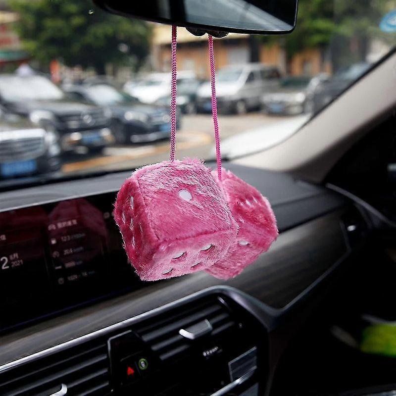 Pair of Retro Square Mirror Hanging (Pink) Couple Fuzzy Plush Dice with Dots for Car Decoration