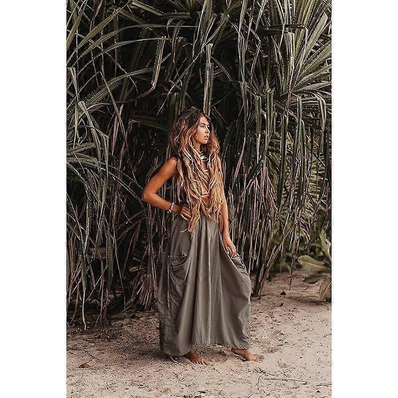 Women's Casual Skirt Drawstring Large Pockets Boho Loose Long Skirt