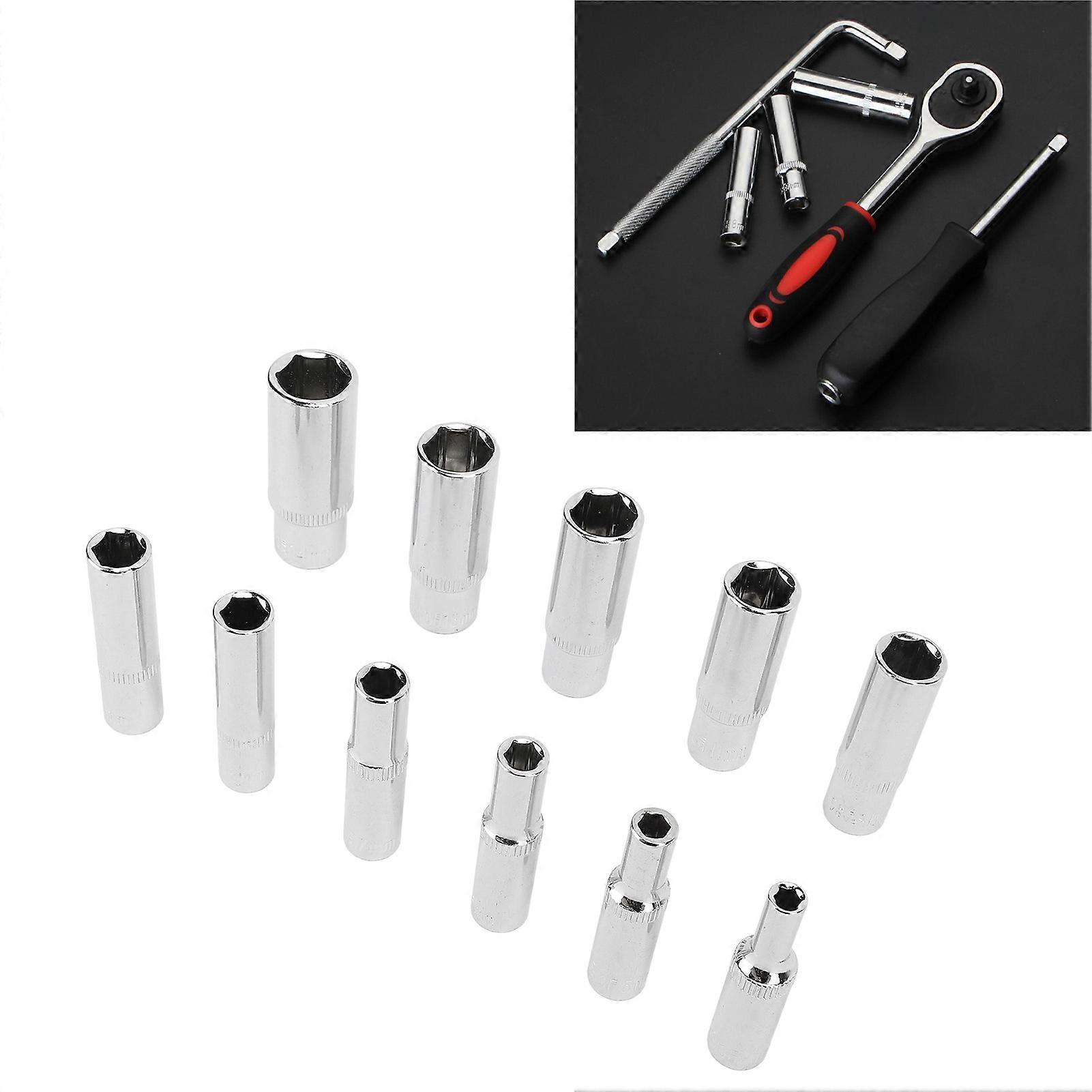 11 Pieces Extended Sockets 1/4 Inch Hex Socket Chrome Vanadium Steel 6 Point Deep Socket Set 4‑14MM 