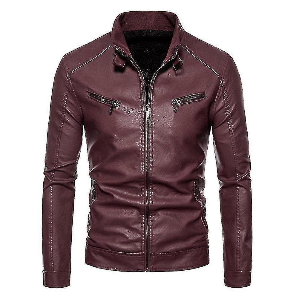 Men's Slim Solid Color Stand Collar Pu Leather Jacket