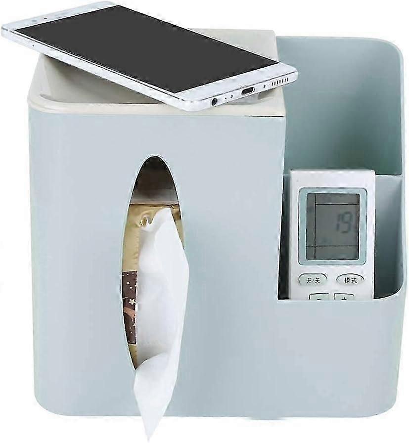 Square Tissue Box Cover with 2 Grid Remote Control Holder (Blue)