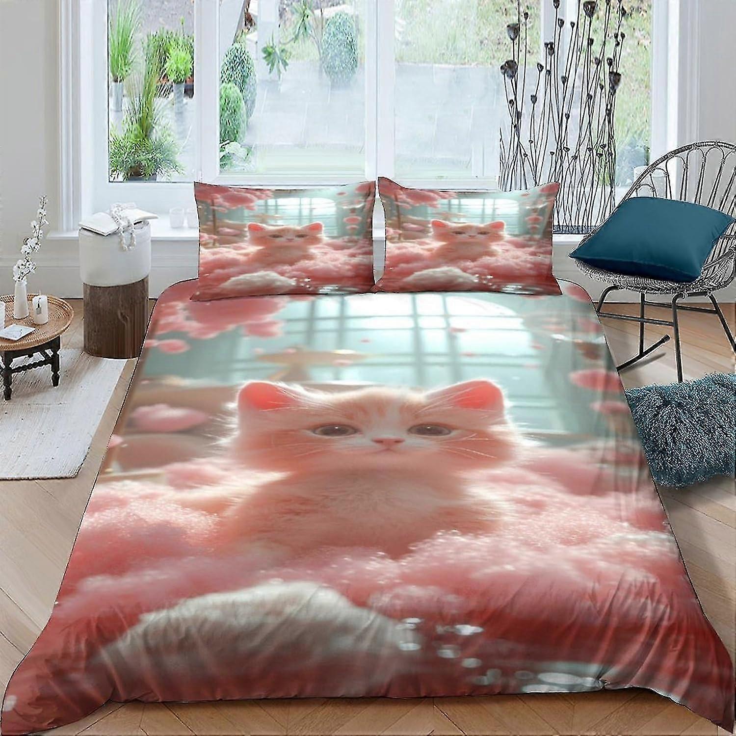 Söt kattunge 3 stycken påslakan set 3D-tryckt sängkläder täcke påslakan med dragkedja, ultramjuk mikrofiber sängkläder dubbel