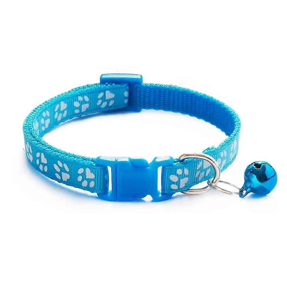 Small Medium 2 Sizes Paw Print Bell Nylon Adjustable Dog Collar Light Blue Small