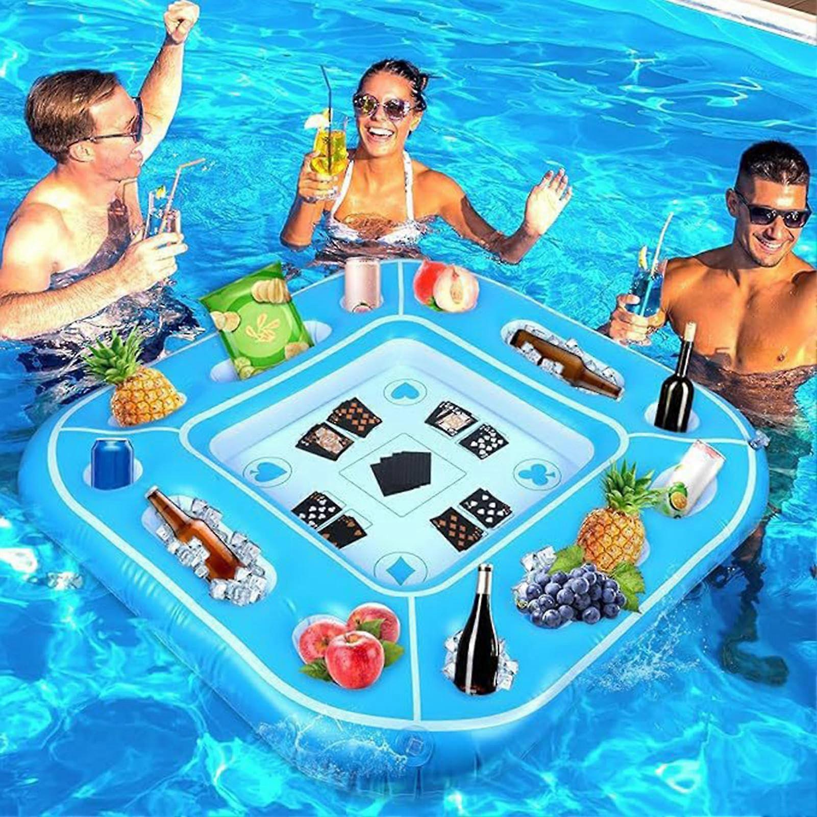 Inflatable Game Table with Playing Cards, 100 cm Large Floating Pool Games Table with Food Drink Holder Cooler Container for Summer Beach Party