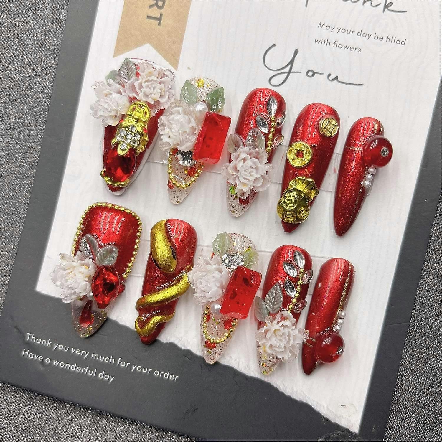 Red Armor Dragon Nail Art Handmade 3D Embossed Pixiu Press On Nails