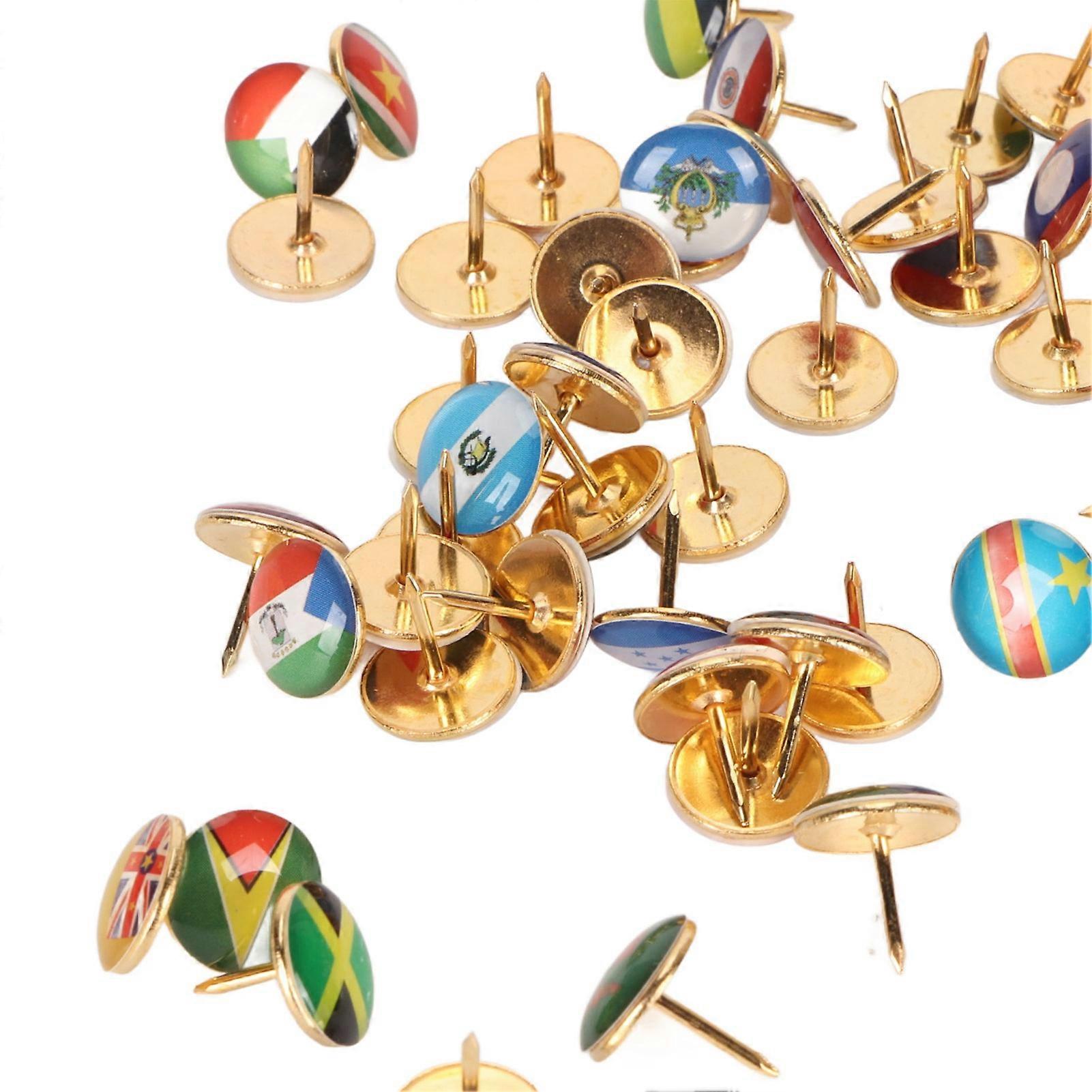 200Pcs National Flag Thumb Tacks Clear Pattern Stainless Steel Box Packed Country Flag Push Pins for Office Decoration