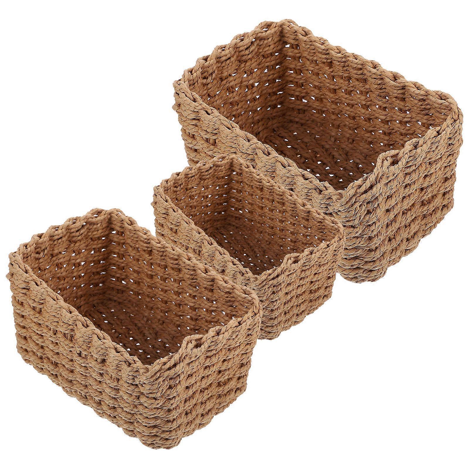 Handmade Woven Storage Basket 3Pcs Desktop Storage Box For School Use In Coffee Color Rectangular Shape