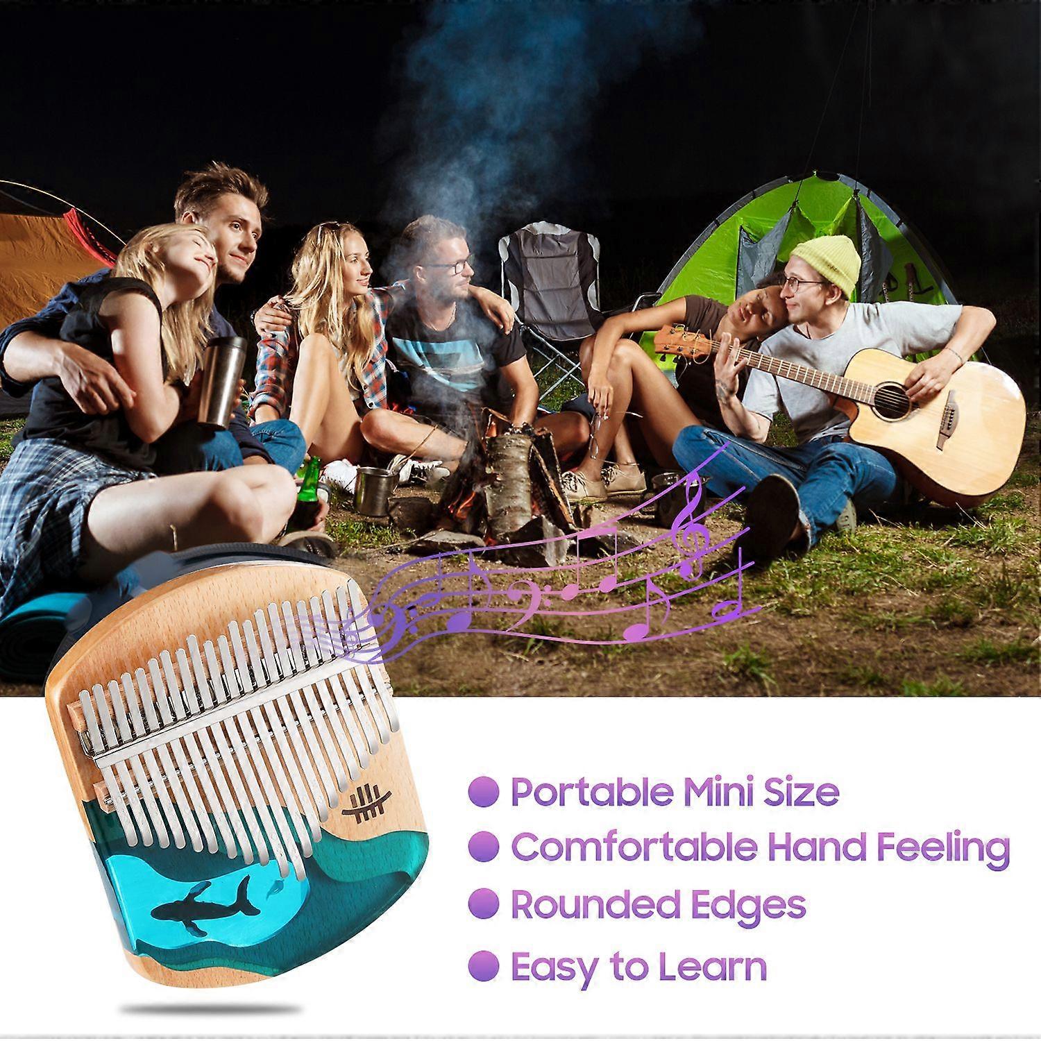 Hluru Piano 21 Keys Beech Wood Thumb Finger Piano Portable Musical Instrument Blue Ocean Whale Pattern for Kids Adults Beginners with Tuning Hammer S
