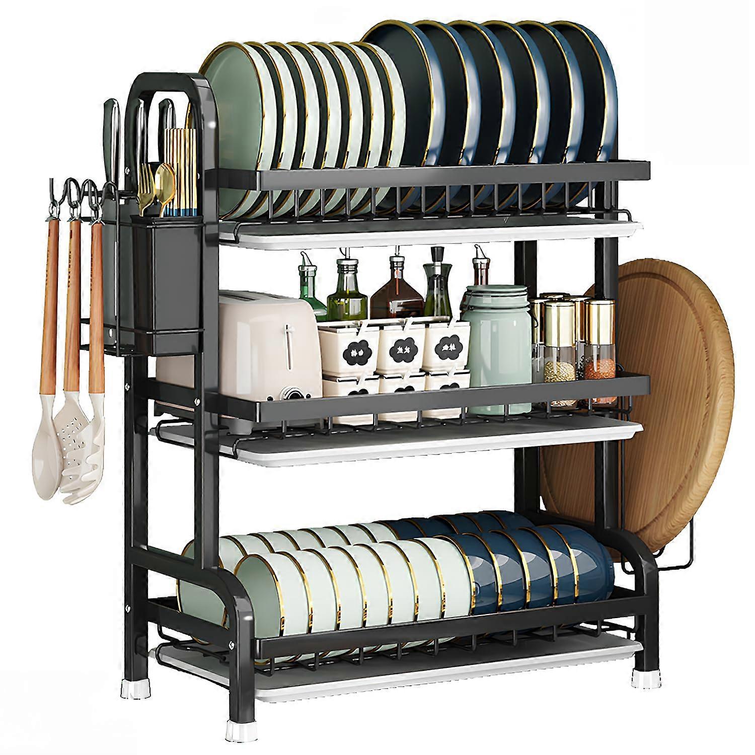 3Tier Dishes Drying Rack with Drip Tray, Draining Board, 4 Hooks