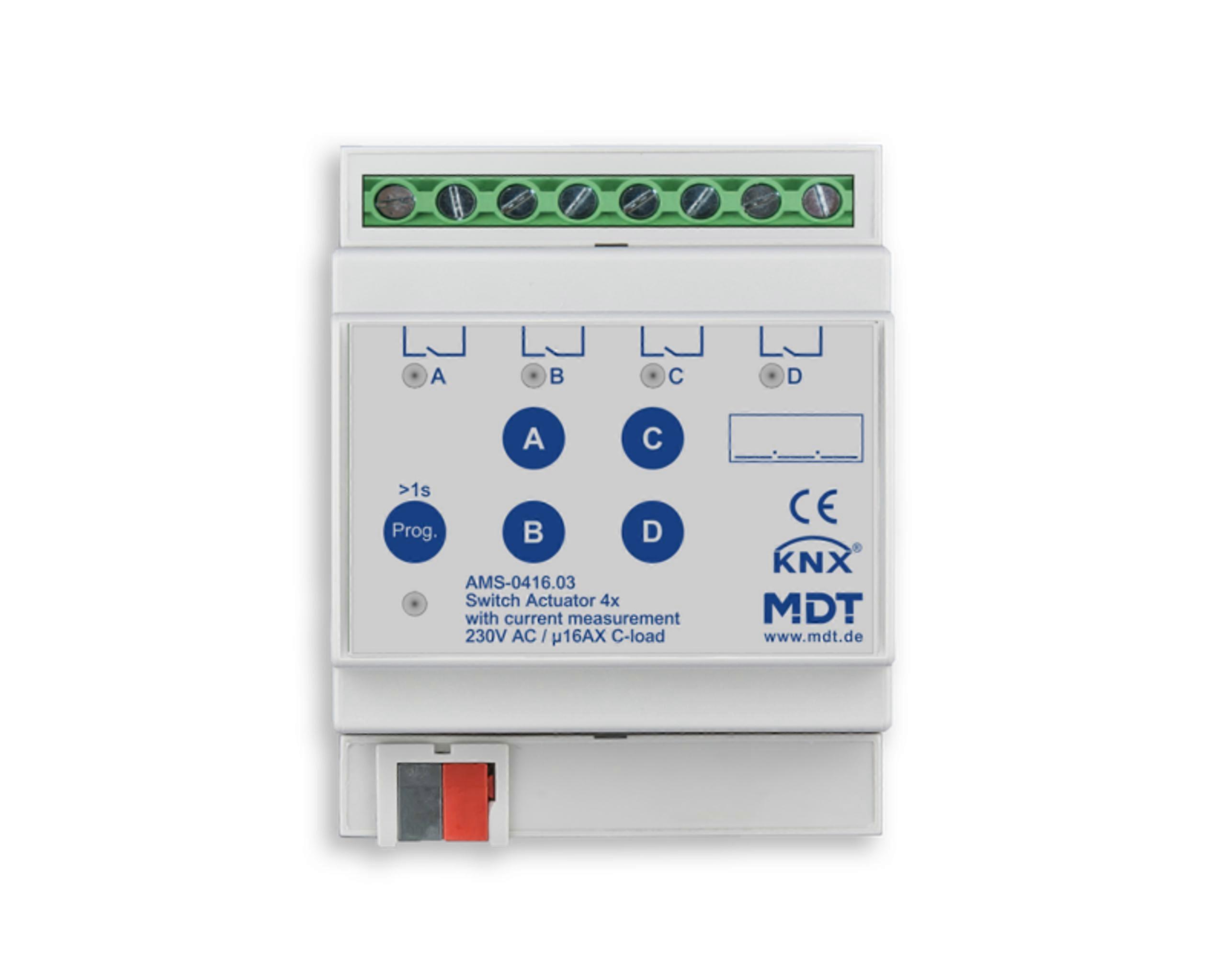 Schaltaktor 4-fach, 4TE, REG, 16 A, 230 V AC, C-Last mit Strommessung, 140 µF