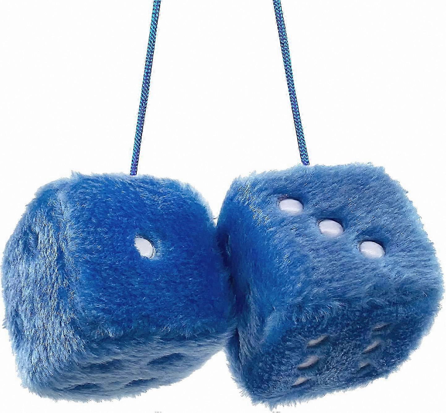Blue Retro Fuzzy Dice Pair with Polka Dots for Car Mirror Decoration