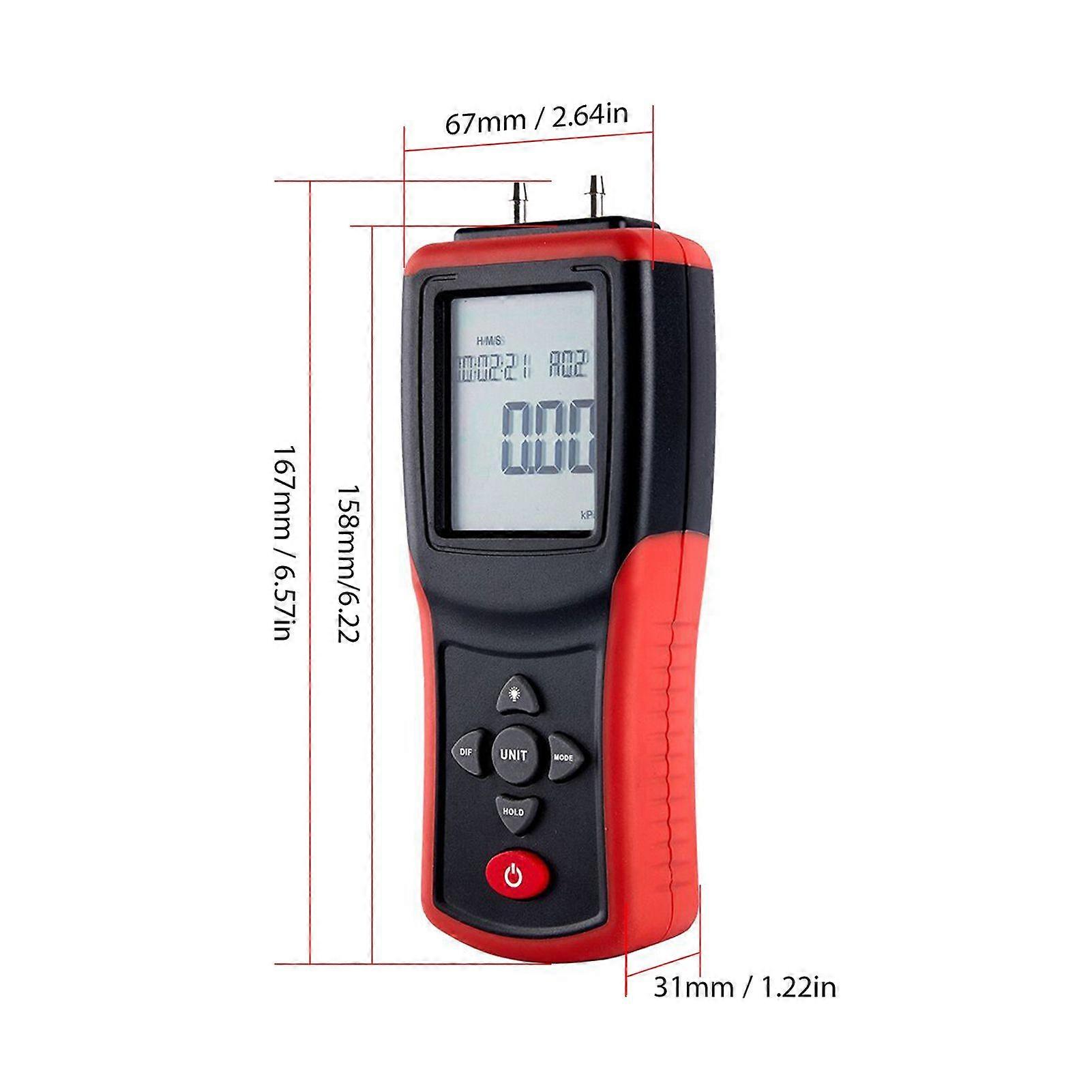 Digital Manometer 2.4-inch LCD High Precision Hand-held Dual-port Manometer 2Psi Differential Air Pressure Gauge Tester with 12 Units