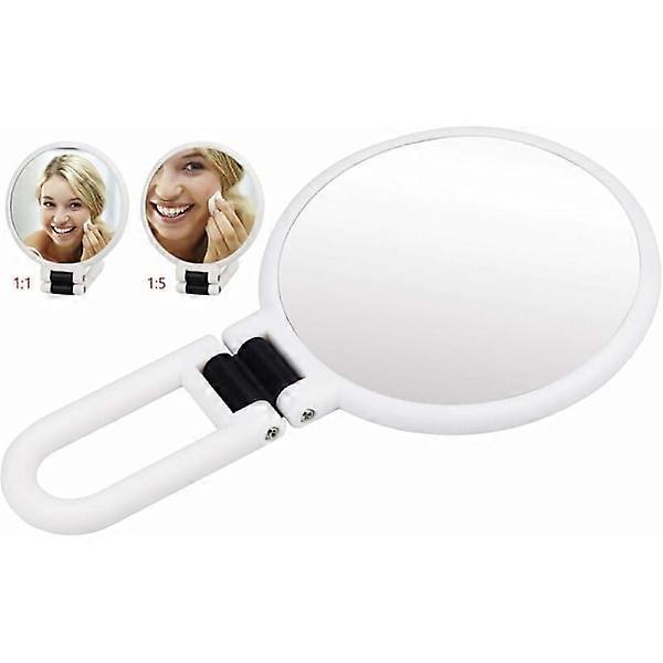 Double-sided makeup hand mirror, 1x/5x magnification
